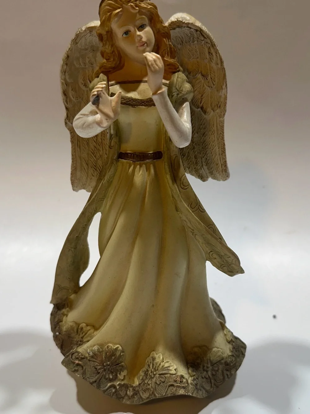 Angel Figurine with Wings & Floral Gown Cream Gold Religious Décor 7”